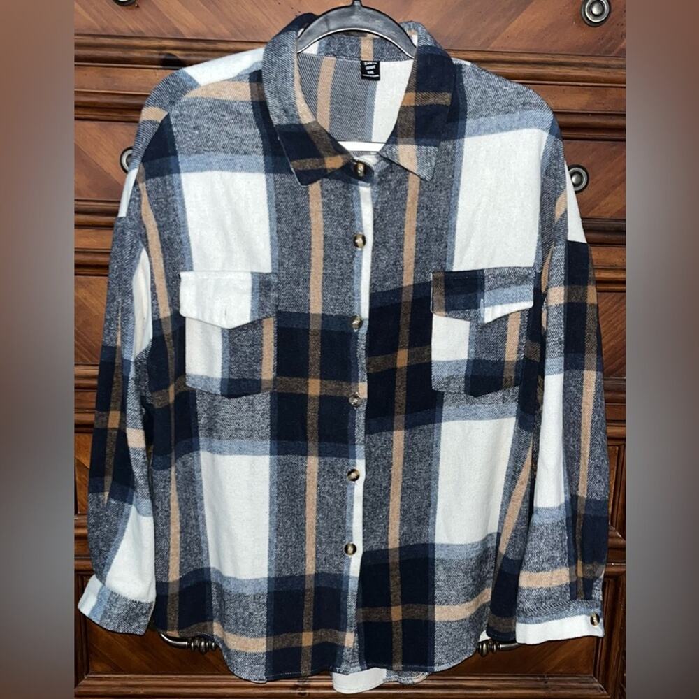 Shein Curve Plus Plaid Print Pocket Front Drop Shoulder Shirt 23” P2P